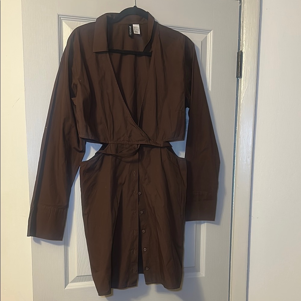 H&M Brown Wrap Tie Front Long Sleeve Dress